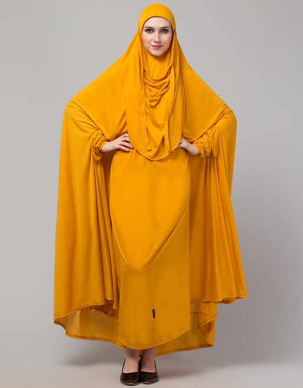 Modern Extra Nose Piece Head To Toe Free Size Jilbab In Musturd Color Front View